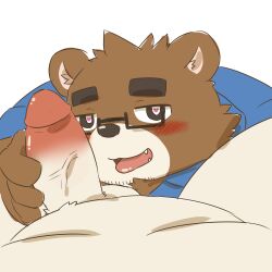 <3_eyes 1:1 absurd_res anthro balls bear belly blush brown_body brown_fur duo erection eyebrows eyewear first_person_view fupa fur genitals glasses gm_pnd heart hi_res male male/male mammal nuzzling otsukimi_wataru overweight overweight_male penis thick_eyebrows virtual_youtuber vtuber