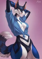 anthro black_body black_fur blue_body blue_fur bottomless bottomless_female breasts cleavage clothed clothing digital_media_(artwork) domestic_cat felid feline felis female front_view fur fur_markings genitals hi_res looking_at_viewer maaia mammal markings navel pussy whiskers white_body white_fur