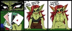 2023 alix_(twistingtoxic) areola breasts card cleavage clothed clothing female genitals goblin goblin_female green_body green_skin hair hi_res humanoid nude pot_of_greed pussy red_hair twistingtoxic