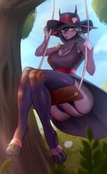 anthro black_hair bovid breasts caprine clothed clothing dress female fur goat hair hat headgear headwear hi_res hooves horn kalivero legwear mammal open_mouth plant purple_body purple_fur solo stockings swing tree yellow_eyes zola_(bonifasko)