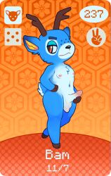 2023 amiibo animal_crossing anthro bam_(animal_crossing) blush body_blush dated deer game_card genitals hand_on_penis looking_at_viewer male male_only mammal navel nintendo nipples nude penis penis_blush presenting presenting_penis smile smirk solo zavrix