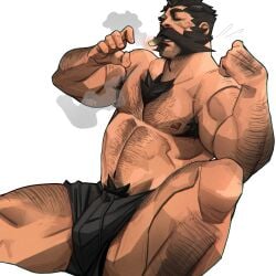 1boy 2022 abs armpit_hair bara barazoku beard biceps blush bulge chris_sdd clothing facial_hair gay hairy hairy_arms hairy_chest hi_res highres league_of_legends malcolm_graves male male_focus male_only male_pubic_hair manly muscles muscular muscular_arms muscular_male nipples riot_games solo solo_male