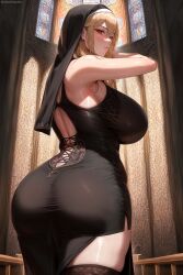 1girls ai_generated ai_love_higokko ass blonde_hair boobs_and_butt_pose breasts female hi_res hips holaraai huge_ass huge_breasts light-skinned_female light_skin naughty_face nun nun's_habit original original_character red_eyes thick_thighs thighs wide_hips