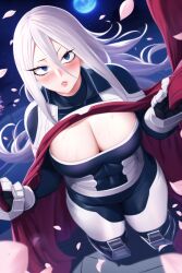 1girls ai_generated blue_eyes bodysuit boku_no_hero_academia cape cleavage_cutout clenched_fist close-up curvy_figure earrings falling_petals from_above hair_between_eyes high_resolution highres horny_female looking_at_viewer moonlight my_hero_academia nai_diffusion night_sky original_character pilot_suit pov rei_todoroki skyrimgamer17 small_breasts smiling_at_viewer stable_diffusion thick_thighs white_hair wide_hips