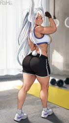 1girls ass boku_no_hero_academia booty_shorts breasts brown_skin dat_ass female hi_res large_ass large_breasts long_hair miruko my_hero_academia naughty_face rabbit_ears red_eyes rezeharu rumi_usagiyama short_shorts shorts smile sports_bra sportswear thick_thighs usagiyama_rumi white_hair