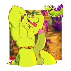 1boy anthro anthrofied arms_behind_head balls ballsack bara biceps dinosaur erect_penis erection furrz gay heart heart-shaped_pupils loincloth loincloth_aside looking_at_viewer male male_only muscular muscular_anthro muscular_male pecs pectorals plants_vs_zombies plants_vs_zombies_2:_it's_about_time pvz solo solo_focus solo_male t_rex_(pvz) tongue tongue_out