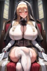 1girls ai_generated ai_love_higokko blonde_hair breasts female high_resolution hips holaraai huge_breasts light-skinned_female light_skin long_hair nun nun's_habit nun_outfit original original_character red_eyes thick_thighs thighs voluptuous wet wet_body wide_hips
