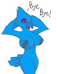 anthro avian bird blue_body blue_feathers breasts feathers female hi_res meme nipple_tape nipples pasties solo tape tweetfur twitter unknown_artist x_(social_media) x_corporation