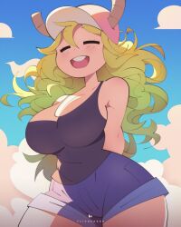 1girls :d adorable big_breasts blonde_hair cleavage cute eyebrows female female_only flipherrrr fliphrrr green_hair horns large_breasts light-skinned_female light_skin miss_kobayashi's_dragon_maid multicolored_hair quetzalcoatl_(dragon_maid) shorts solo solo_female solo_focus tank_top thick_thighs thighs wide_hips