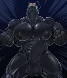 5_fingers absurd_res anthro balls big_pecs black_body black_nipples dragon fingers genitals green_body hi_res humanoid_genitalia humanoid_penis male manyu muscular muscular_anthro muscular_male nipples open_mouth pecs penis simple_background slime solo transformation