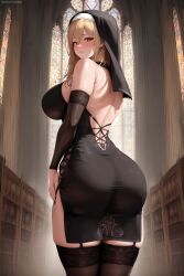 1girls ai_generated ai_love_higokko ass blonde_hair boobs_and_butt_pose breasts female hi_res hips holaraai huge_ass huge_breasts light-skinned_female light_skin naughty_face nun nun's_habit original original_character red_eyes thick_thighs thighs wide_hips