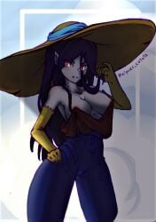 adventure_time aroused cartoon_network elpuer_cotote gloves holding_hair huge_breasts marceline marceline_abadeer nipple_bulge nipple_slip nipples_visible_through_clothing overalls perfect_body red_eyes sun_hat t-shirt vampire