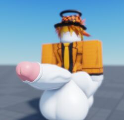 1boy 3d artist_request balls baseplate black_halo halo hyper hyper_balls hyper_penis hyper_testicles male male_only messy_hair orange_clothing orange_hair pale_skin penis roblox roblox_avatar robloxian tagme testicles white_skin