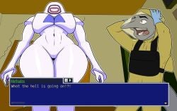 abs anthro big_breasts breasts duo entity_(yiik) female floating genitals humanoid low-angle_view male methados navel nightmare_waifu nipples pussy small_waist text_box thick_thighs wide_hips yiik:_a_postmodern_rpg yiiking_out