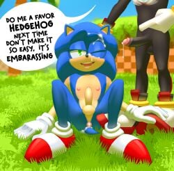 anthro anus balls ballsack black_body blue_body circumcised circumcision_scar clothing cum cum_drip cum_in_ass cum_inside cum_on_face dialogue dripping duo english_text erection eulipotyphlan field footwear foreskin genitals gloves gold_rings grass green_eyes handwear hedgehog hi_res humanoid_penis ickyfig intact male male/male male_nipples mammal naked_footwear nude_male outside_sex palm_tree partial_male partially_retracted_foreskin penis perineum plant puffy_anus red_clothing red_footwear red_shoes ring scrotum sega shadow_the_hedgehog shoes smooth_penis sonic_(series) sonic_the_hedgehog sonic_the_hedgehog_(series) speech_bubble testicles text toony tree uncut white_clothing white_gloves white_handwear