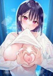 1girls 2023 bare_breasts bekotarou big_areola blush bob_cut breasts breasts_out city_background city_view clothing curtains exposed_breasts exposed_midriff female female_only hair_between_eyes head_tilt heart heart-shaped_boob_challenge heart-shaped_pupils heart_hands heavy_breathing highres indoors large_breasts lifted_by_self looking_at_viewer midriff mole mole_under_eye mouth_hold night nipples no_bra original pink_eyes purple_hair red_eyes red_pupils self_exposure short_hair small_mouth smile solo steam steaming_body sweater sweater_lift teenage_girl teenager tsurime violet_hair white_sweater window young_woman