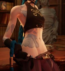 3d arcane belly belly_button belt blue_eyes blue_hair clothes_pull desk gloves hip_grab hips jinx_(league_of_legends) league_of_legends leaning_on_object pants_pull pulling_down_pants saltyu side_view staring_at_viewer tattoos tired_eyes