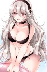 1girls :d alternate_costume bikini black_bikini black_choker black_hairband black_swimsuit breasts choker cleavage commentary_request corrin_(female)_(fire_emblem) corrin_(fire_emblem) cowboy_shot female female female_only fire_emblem fire_emblem_fates grey_hair hairband highres kirishima_riona large_breasts long_hair looking_at_viewer navel nintendo open_mouth pointy_ears red_eyes smile solo standing stomach swimsuit thighs very_long_hair