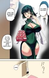 1girls 2koma 3boys :d absurdres big_breasts bob_cut breasts cleavage cleavage_cutout clothed clothing_cutout coat comic commentary curvy curvy_female dress elegant english_text female fubuki_(one-punch_man) green_dress green_eyes green_hair green_thighhighs hand_up hi_res highres hinghoi jacket jacket_on_shoulders large_breasts looking_at_viewer meme multiple_boys necklace one-punch_man open_mouth pearl_necklace pelvic_curtain princesshinghoi saitama seggs_(meme) short_hair smile smiling standing thick_thighs thighhighs thighs tight_dress waist white_jacket wide_hips