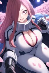 ai_generated bodysuit boku_no_hero_academia cape cherry_blossoms cleavage_cutout clenched_fist close-up curvy_figure falling_petals hair_over_one_eye high_resolution highres huge_breasts looking_at_viewer my_hero_academia nai_diffusion night_sky original_character pilot_suit pink_eyes pov red_hair skyrimgamer17 smiling_at_viewer stable_diffusion thick_thighs wide_hips