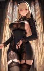 1girls ai_generated ai_love_higokko blonde_hair breasts female high_resolution hips holaraai huge_breasts light-skinned_female light_skin long_hair nun nun's_habit nun_outfit original original_character red_eyes thick_thighs thighs voluptuous wet wet_body wide_hips