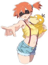 1girls bare_shoulders black_blindfold blindfold blush breasts collarbone creatures_(company) denim denim_shorts female foreshortening game_freak gen_1_pokemon highres human kasumi_(pokemon) midriff navel nintendo pointing pokemon pokemon_(anime) pokemon_(species) psyduck rauto red_hair short_hair short_shorts shorts side_ponytail simple_background small_breasts stomach suspender_shorts suspenders tank_top white_background