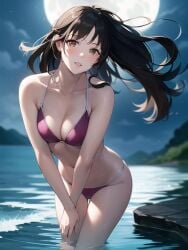 1girls ai_generated ai_mirror arms_in_front artist_request blush brown_eyes brown_hair bush character_request hair_blowing hill in_water lake long_hair looking_at_viewer moon moonlight pink_bikini rock small_breasts wet white_skin