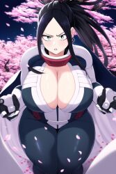 ai_generated black_hair bodysuit boku_no_hero_academia cape cherry_blossoms cleavage_cutout clenched_hands close-up curvy_figure earrings falling_petals fist green_eyes high_resolution highres huge_breasts looking_at_viewer momo_yaoyorozu my_hero_academia nai_diffusion parted_lips pilot_suit ponytail pov skyrimgamer17 stable_diffusion swept_bangs thick_thighs wide_hips