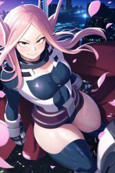 ai_generated bodysuit boku_no_hero_academia cape cityscape clenched_fist close-up curvy_figure double_bun earrings falling_petals hairbun high_resolution highres looking_at_viewer miruko my_hero_academia nai_diffusion original_character pilot_suit pink_hair pov skyrimgamer17 small_breasts smiling_at_viewer stable_diffusion thick_thighs wide_hips yellow_eyes