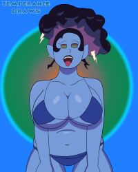 bbw blue_skin bra ear_piercing earrings elemental_creature elemental_humanoid female female_only hands_on_thighs hypnosis kneeling large_ass large_breasts looking_at_viewer looking_up mind_control monster monster_camp monster_girl monster_prom panties piercing short_hair storm_clouds string_bra susanne_(monster_camp) temperancedraws tongue tongue_out weather_girl wide_hips