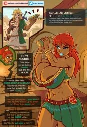 1bit-deviant 1boy 2girls abs annoyed archaic_set_(zelda) areola_slip areolae blue_lips blue_lipstick bracelet cleavage_overflow crop_top cropped_legs dark-skinned_female dark_skin dialogue english_text eyeshadow gameplay_mechanics gender_transformation gerudo gerudo_link gerudo_outfit gerudofication green_eyes green_skirt huge_breasts indoors link link_(tears_of_the_kingdom) muscular_female nintendo patreon_url pointy_ears race_swap red_hair rule_63 solo speech_bubble standing text the_legend_of_zelda the_legend_of_zelda:_tears_of_the_kingdom transformation undersized_clothes url yelling