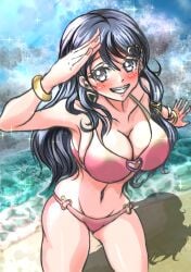 1girls alternate_costume beach bikini black_eyes black_hair blue_eyes blue_hair breasts female female_only fire_emblem large_breasts long_hair looking_at_viewer nintendo ocean oribe_tsubasa outdoors pink_bikini pink_swimsuit smile solo swimsuit tokyo_mirage_sessions_#fe violet_migu18