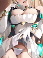 1girls arm_length_gloves blonde_hair blush cameltoe cleavage_cutout clothed_female color crystal daive earrings eyes_out_of_frame female_only kou45210607 lifting_skirt light-skinned_female mythra open_mouth panties partially_visible_nipples pulling_on_clothes skirt tongue_out v_sign xenoblade_(series) xenoblade_chronicles_2