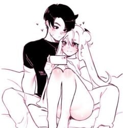 1boy black_and_white boyfriend-girlfriend couple couple_(romantic) couple_love couples cross_necklace cute fully_clothed hetero monochrome phone sitting sitting_down sitting_on_bed sitting_on_lap terubossu thick_thighs unknown_source white_hair wholesome wide_hips