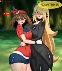 2girls alternate_breast_size big_breasts blonde_hair breasts curvaceous curvy curvy_body curvy_female curvy_figure cynthia_(pokemon) english_text female game_freak huge_breasts large_breasts mattc-art may_(pokemon) multiple_girls nintendo pokemon pokemon_(game) pokemon_dppt pokemon_rgby text thick_thighs thighs voluptuous