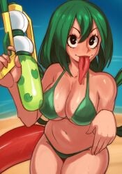 asui_tsuyu beach big_eyes bikini boku_no_hero_academia breasts cleavage clothed_female clothing color female female_only froppy green_hair kaimecha long_hair long_tongue my_hero_academia solo solo_female straight_hair sweat swimsuit tongue tongue_out tsuyu_asui watergun