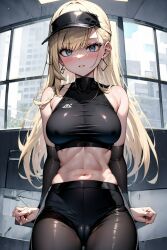 ai_generated black_leggings black_top blonde_hair cap eyes female female_focus female_only female_penetrated hair setting solo stable_diffusion