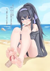 1boy absurdres bar_censor bare_legs barefoot beach black_hair black_panties blue_archive blue_eyes blue_sky blush censored feet female foot_focus footjob foreshortening halo highres hugging_own_legs library_committee_(blue_archive) long_hair lts_kakuyo ocean official_alternate_costume open_mouth panties penis ponytail sky soles straight sweatdrop toenails toes translation_request trinity_general_school_student ui_(blue_archive) ui_(swimsuit)_(blue_archive) underwear very_long_hair