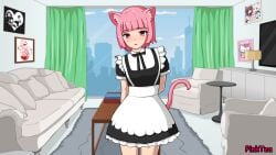 1girls apron breasts cat_ears cat_tail catgirl chair couch curtains game_cg lamp looking_at_viewer maid maid_apron maid_uniform medium_breasts picture_frame pink_eyes pink_hair pinktea pussy_trainer rug short_hair tv window