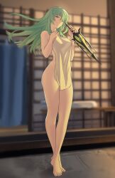 1girls bare_legs barefoot confident female female_only green_eyes green_hair hair_over_one_eye hourglass_figure indoors legs long_hair looking_at_viewer naked_towel original pomelomelon smile snake solo sword towel very_long_hair weapon wide_hips