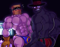 2017 2boys abs ass bara big_muscles black_hat_(villainous) blush bobthetanuki bodily_fluids bulge butt cartoon_network clothed clothing dr._flug_(villainous) duo extrasizedbob eyewear flying_sweatdrops gay gloves goggles handwear hat headgear headwear huge_muscles humanoid looking_back male male/male male_only monitor monocle muscle_growth muscular muscular_male paper_bag pecs sharp_teeth speedo sweat swimwear teeth top_hat topless underwear villainous what yaoi