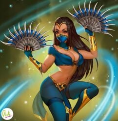 1girls black_hair blue_clothing breasts didi_esmeralda edenian eyeliner fan female female_only fully_clothed gold_(metal) gold_jewelry kitana kitana_(new_era) long_hair masked masked_female midriff mortal_kombat mortal_kombat_1_(2023) solo solo_female weapon