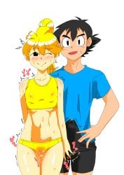 blank_background blonde_hair cheating cheating_girlfriend erection erection_under_clothes kurage netorare ntr pokemon pokemon_(anime) pokemon_(manga) pokemon_adventures satoshi_(pokemon) sweat sweat_stain yellow_(pokemon)