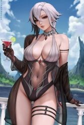 arlecchino_(genshin_impact) ass_visible_through_thighs big_breasts black_hair breasts choker cocktail_glass contrapposto drinking_glass genshin_impact holding_drink holding_object large_breasts looking_at_viewer multicolored_hair navel off_shoulder red_eyes sciamano240 see-through see-through_clothing shoulders standing tagme thigh_strap thighs three-quarter_portrait three-quarter_view white_hair x-shaped_pupils