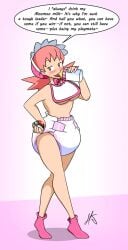 baby_bottle bib diaper liljdude no_shirt pokeball pokemon pokemon_gsc seductive simple_background text text_bubble underboob whitney_(pokemon)