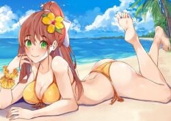 5_toes ass back bare_shoulders beach bikini blue_sky breasts butt cleavage cloud color doki_doki_literature_club feet flower flower_in_hair green_eyes medium_breasts monika_(doki_doki_literature_club) palm_tree palm_trees sky smiling_at_viewer thighs tree trees tsunzei white_bow xhunzei yellow_bikini yellow_flower