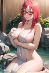 ai_generated big_breasts blush breasts cleavage completely_nude covering covering_self embarrassed eyewear glasses holding_object holding_towel hot_spring kneeling looking_at_viewer matching_hair/eyes megane naruto naruto_(series) naruto_shippuden nude on_knees onsen partially_submerged red_eyes red_hair solo solo_focus stable_diffusion towel towel_only uzumaki_karin voluptuous yaouchiha