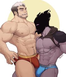 2boys abs arm_hair bara black_hair black_nails blue_male_underwear bulge chest_hair couple facial_hair fangs fangs_out gay highres large_pectorals licking licking_nipple male_focus male_underwear multicolored_hair multiple_boys muscular muscular_male navel nipple_piercing nipples original pectorals piercing red_male_underwear short_hair thick_thighs thighs tongue tongue_out two-tone_hair underwear white_hair whyhelbram yaoi