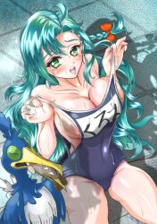 1girls alternate_costume aqua_hair ass_visible_through_thighs bare_shoulders bare_thighs blue_hair blue_one-piece_swimsuit blue_swimsuit braid breasts chloe_(fire_emblem) cleavage collarbone female female_only fire_emblem fire_emblem_engage from_above green_eyes japanese_text large_breasts long_hair looking_at_viewer looking_up nintendo off_shoulder one-piece_swimsuit open_mouth partially_visible_vulva school_swimsuit shoulders sideboob sitting solo sweat swimsuit text thighs translation_request undressing very_long_hair violet_migu18 wet