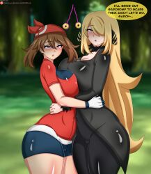 2girls alternate_breast_size big_breasts blonde_hair breasts curvaceous curvy curvy_body curvy_female curvy_figure cynthia_(pokemon) english_text female game_freak huge_breasts hypnosis large_breasts mattc-art may_(pokemon) multiple_girls nintendo pendulum pendulum_swinging pokemon pokemon_(game) pokemon_dppt pokemon_rgby text thick_thighs thighs voluptuous